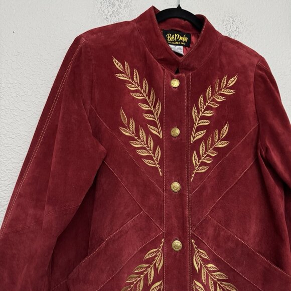 Bob Mackie Wearable Art Jacket Medium Red Suede Gold Embroidered Western Boho - Picture 9 of 16